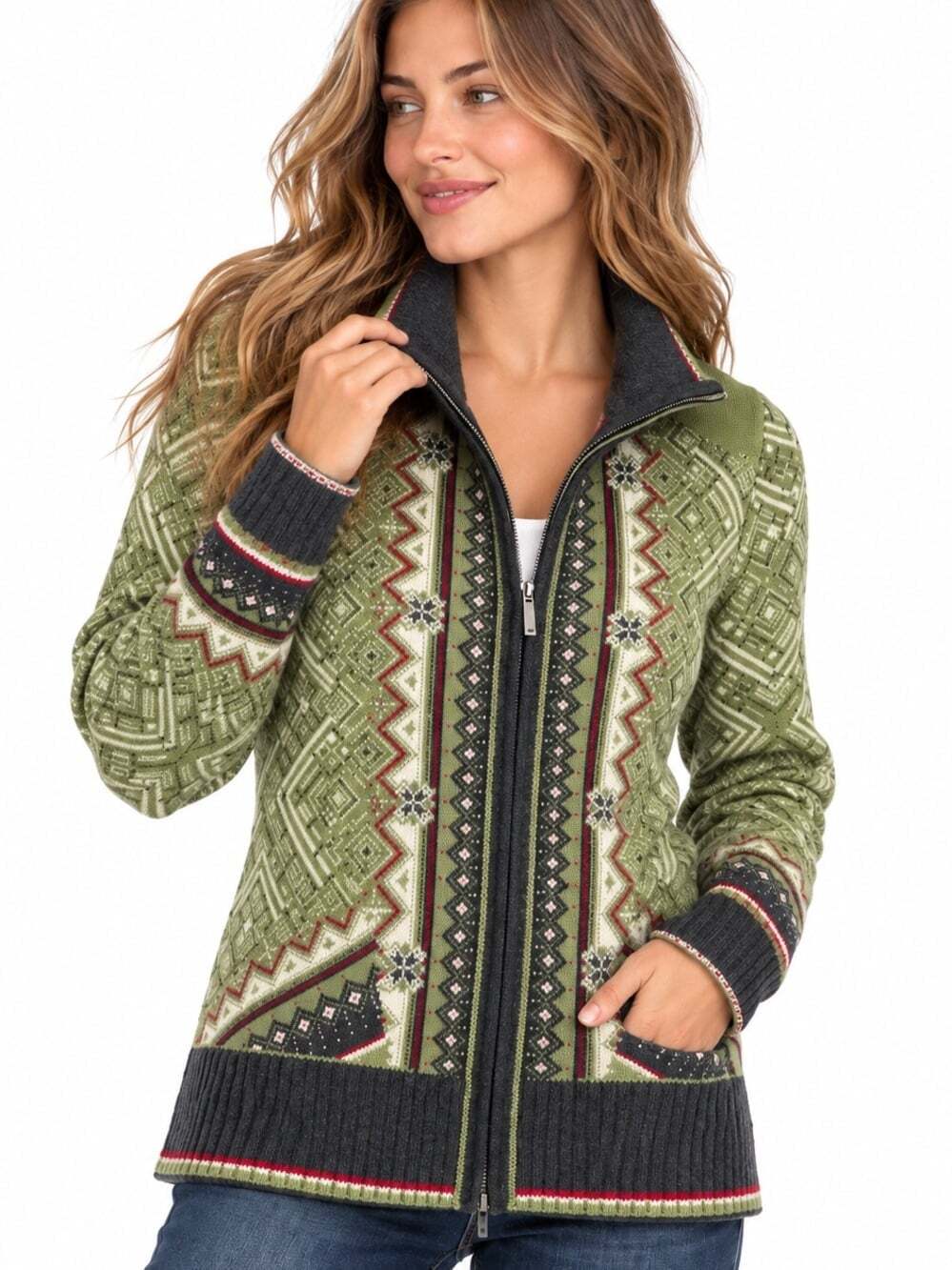Eddie Bauer 100% Merino Wool Fair Isle Full Zip Sweater M Green Nordic Alpine